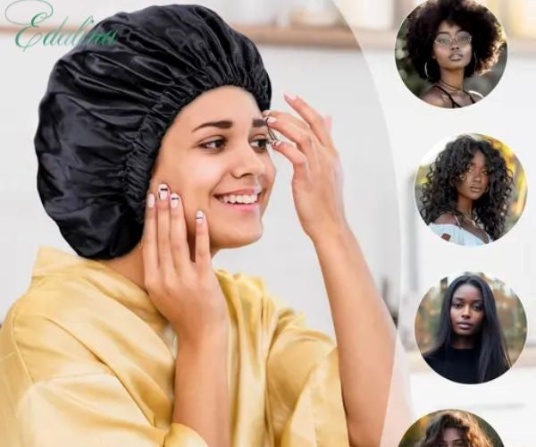 Premium remy human hair wig, adjustable satin bonnet on table.