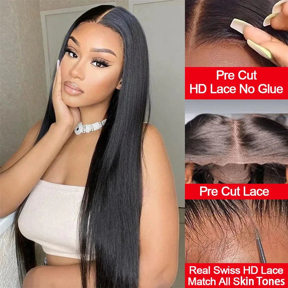 Pre Cut No Glue Bone Straight Glueless Wigs Human Hair For Women Brazilian Glueless Wig Human Hair Ready To Wear Preplucked 200%