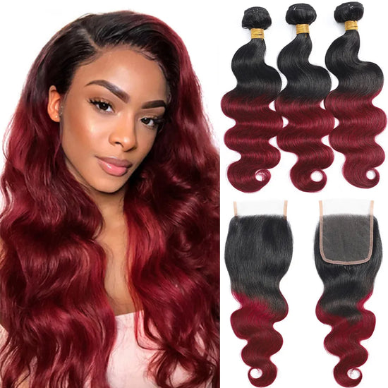 Ombre Body Wave Bundles with Closure – 1B/99J Burgundy, Brazilian Human Hair,