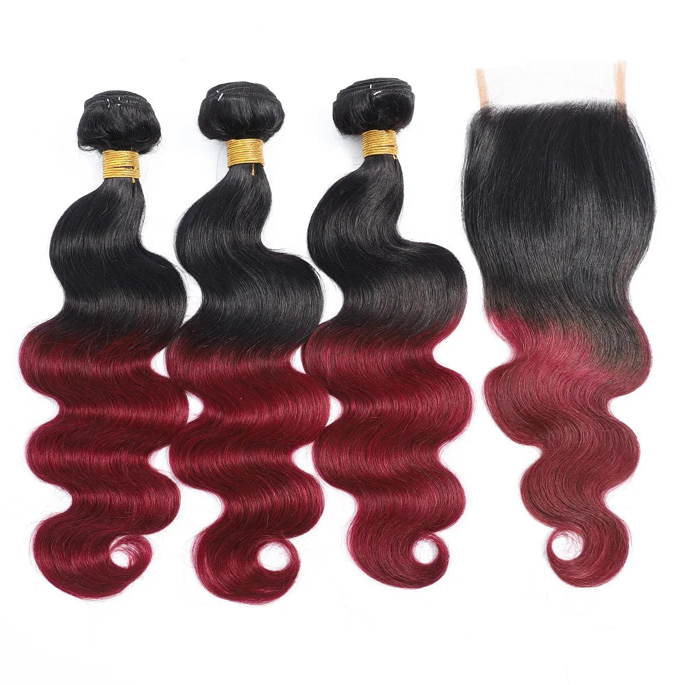 Ombre Body Wave Bundles with Closure – 1B/99J Burgundy, Brazilian Human Hair,