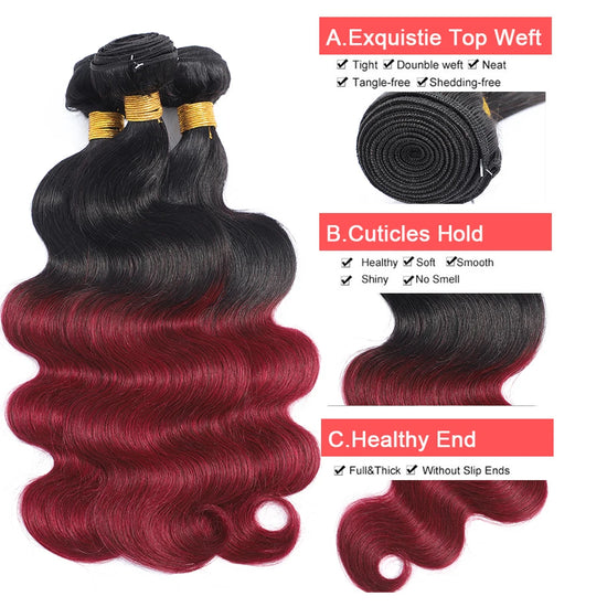 Ombre Body Wave Bundles with Closure – 1B/99J Burgundy, Brazilian Human Hair,