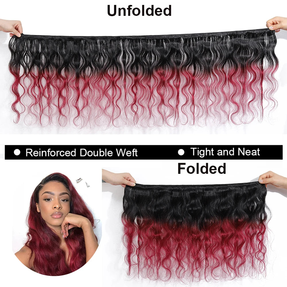 Ombre Body Wave Bundles with Closure – 1B/99J Burgundy, Brazilian Human Hair,