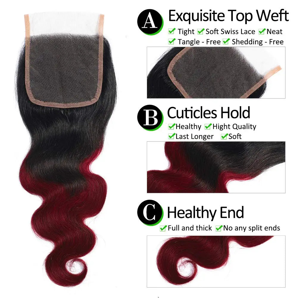 Ombre Body Wave Bundles with Closure – 1B/99J Burgundy, Brazilian Human Hair,