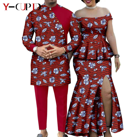 African Suits for Men Dashik Kaftan Top and Pant Sets Matching Couple Outfits Bazin Riche Women Tee and Split Skirt Sets Y23C016
