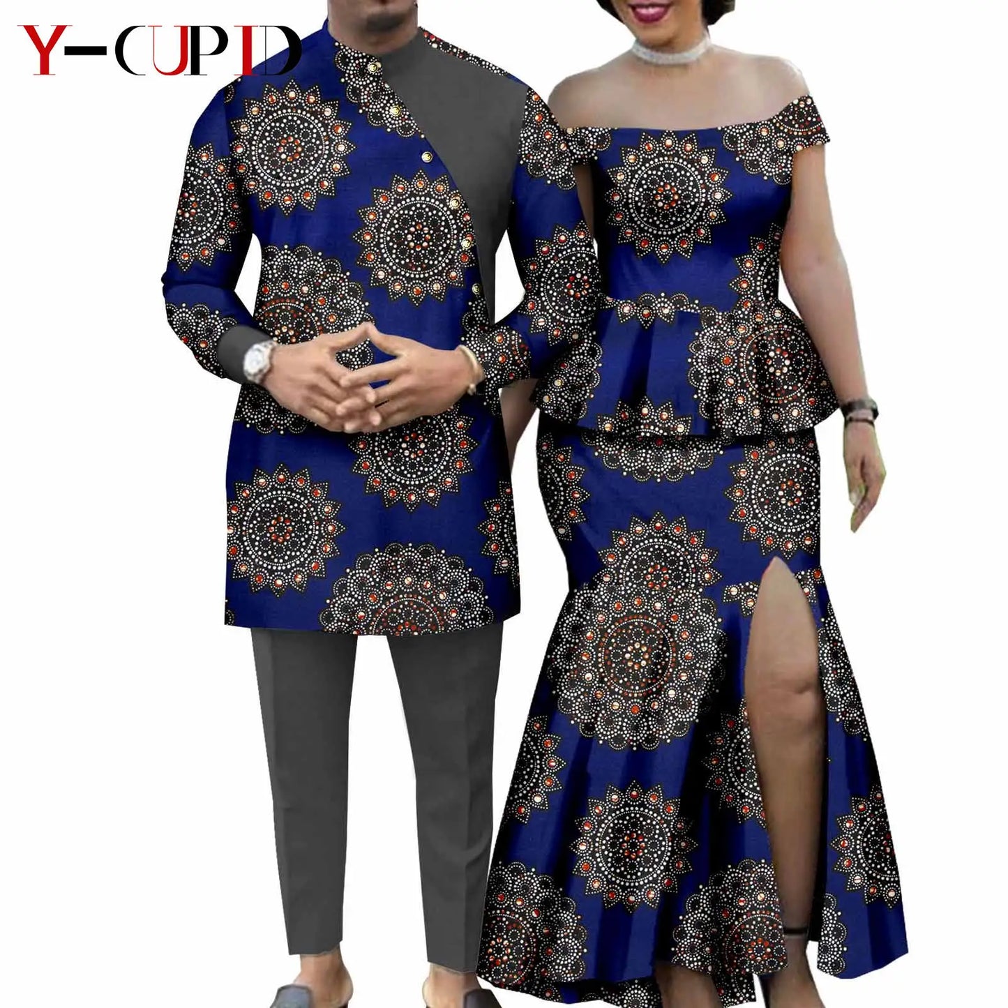 African Suits for Men Dashik Kaftan Top and Pant Sets Matching Couple Outfits Bazin Riche Women Tee and Split Skirt Sets Y23C016