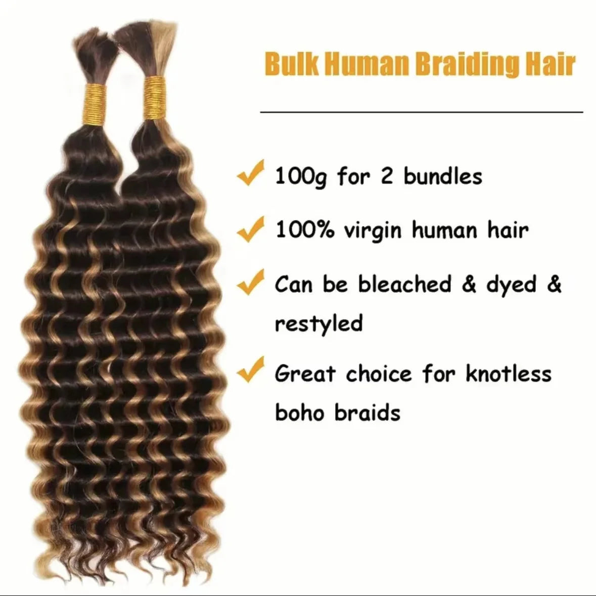 Honey Brown Deep Wave Bulk Human Hair for Braiding 100g  No Weft Boho Braids Brazilian Virgin Human Hair Extensions