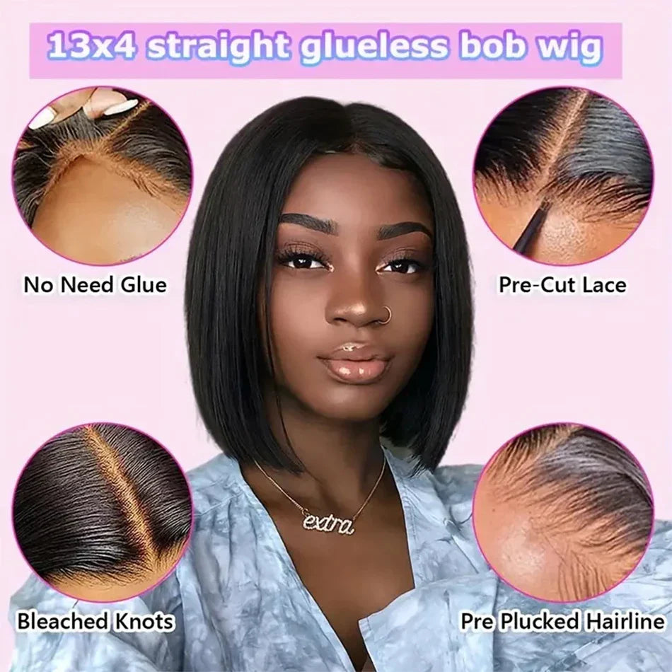 Glueless Wigs Human Hair Ready To Wear Bone Straight Short Bob Wigs For Women Lace Front Wig 100% Human Hair Wigs Pre Cut Lace