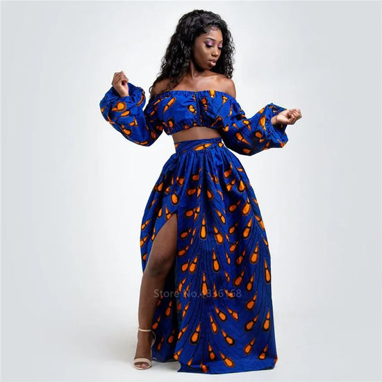 African Dresses for Women Autumn 2-piece Set Lady Full Sleeve Shoulder Off Festher Dashiki Print Split Skirts Africna Clothes