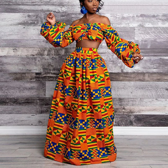 African Dresses for Women Autumn 2-piece Set Lady Full Sleeve Shoulder Off Festher Dashiki Print Split Skirts Africna Clothes