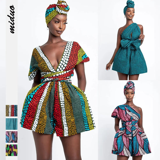 Women's High Waist Deep V Neck Printed African Dress Summer Sexy Ankara Dress with Zipper High Quality  Women Clothing
