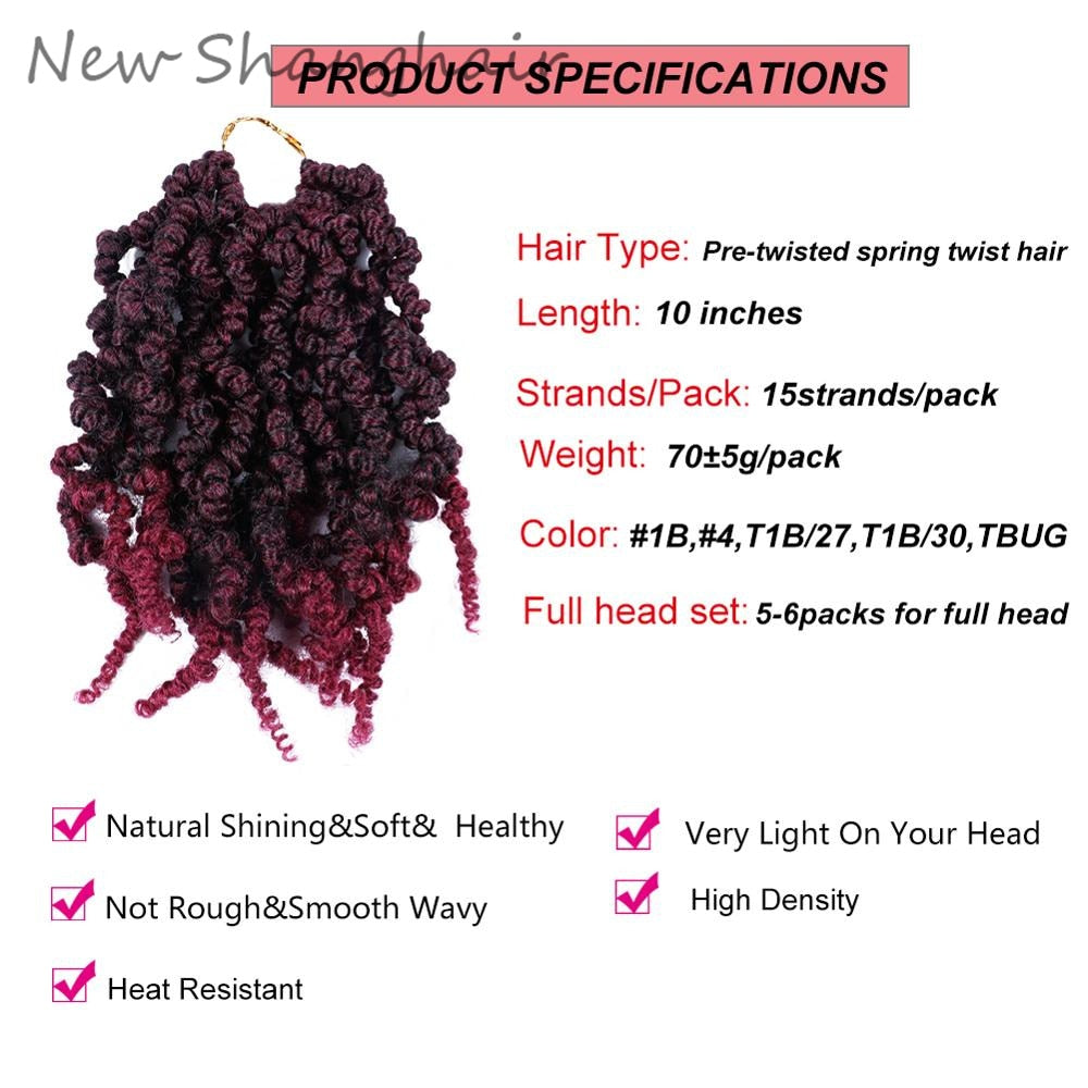 Edalina 6 Packs Spring twist Pre-Looped High Quality Synthetic Fiber Pre-twisted Spring Twist Hair 10 inch 15 Strands/Pack 70g Very Light, High Density Heat Resistant Natural Shining & soft No Smell, Itch Free Short Curly