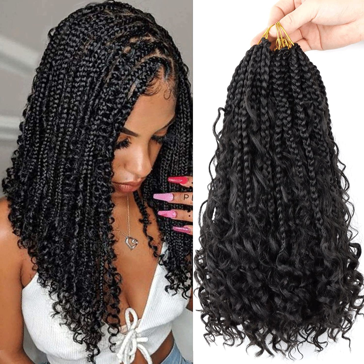 Edalina 8 Packs Goddess Box Braids Crochet Curly end 10''14'' 18'' 24 Inch Boho Box Braids Bohemian Crochet Hair Extension 16 strands/Pack for Women